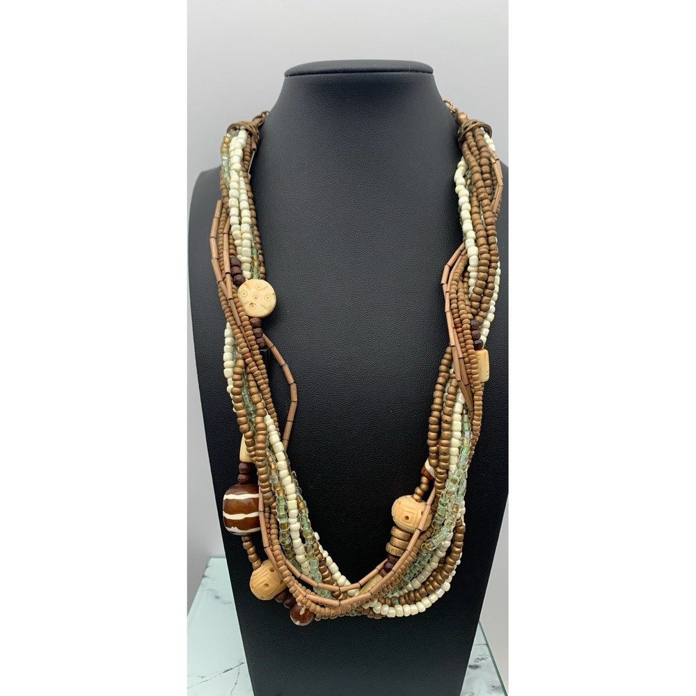 Chicos Multi Layer Wood And Seed Bead With Accents Beads Necklace Boho Beauty